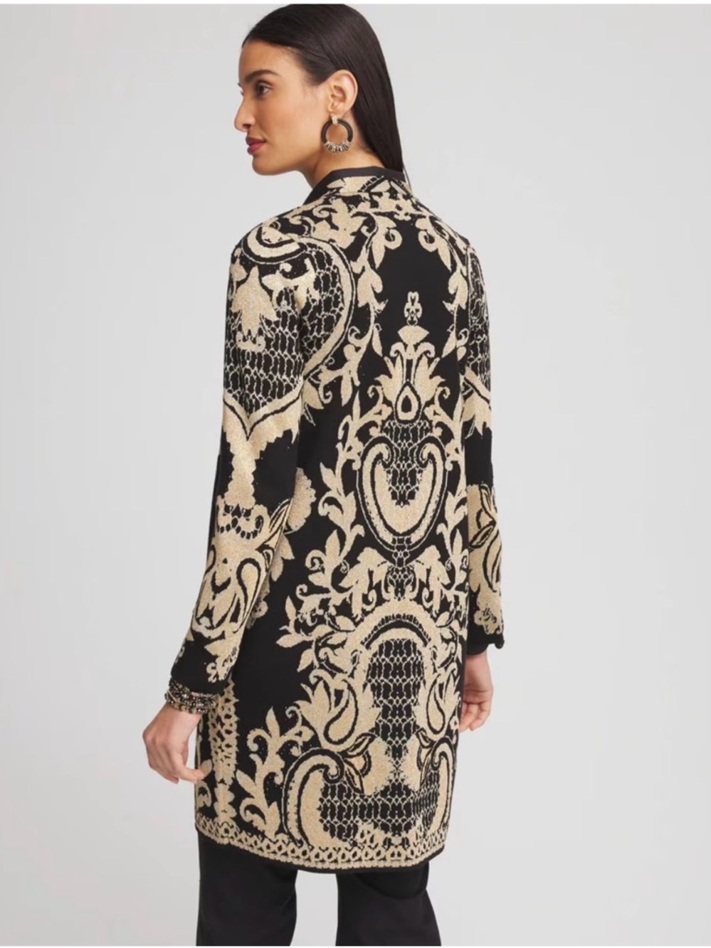 Chico's Embellished Jacquard Coatigan cardigan in black and gold size large - Picture 4 of 16